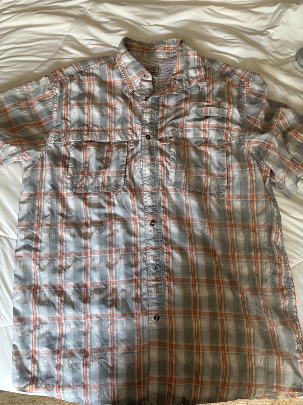 L.L. Bean Light Gray and Orange Plaid Short-Sleeve Button-Down Shirt